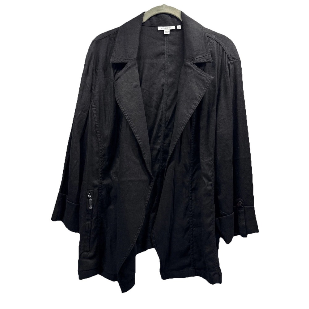 Chicos Women's Jacket Blazer Sz 16 Solid Black‎ Zip Pockets Open Linen Blend